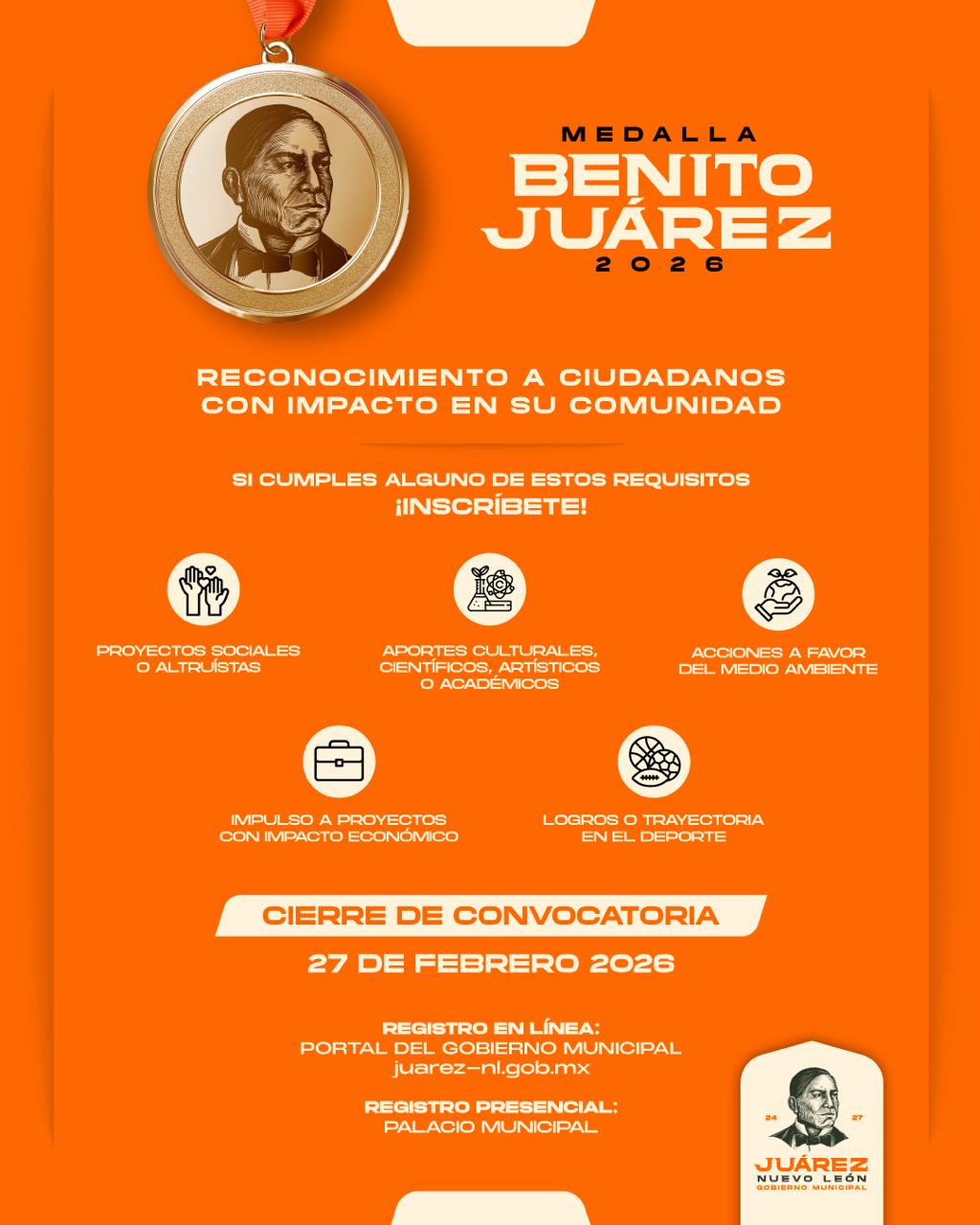 Juárez convoca a ciudadanos a participar en la entrega de la Medalla Benito Juárez 2026
