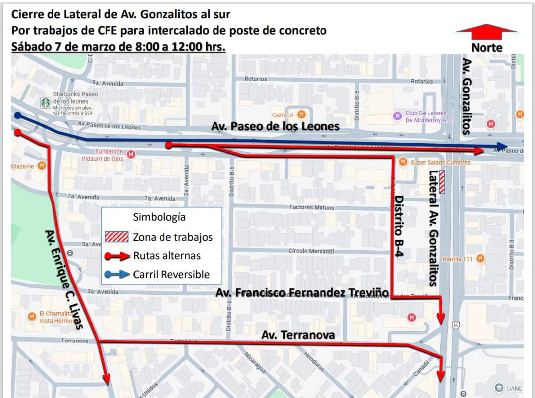 Anuncian restricción vial en avenida Gonzalitos por trabajos de CFE