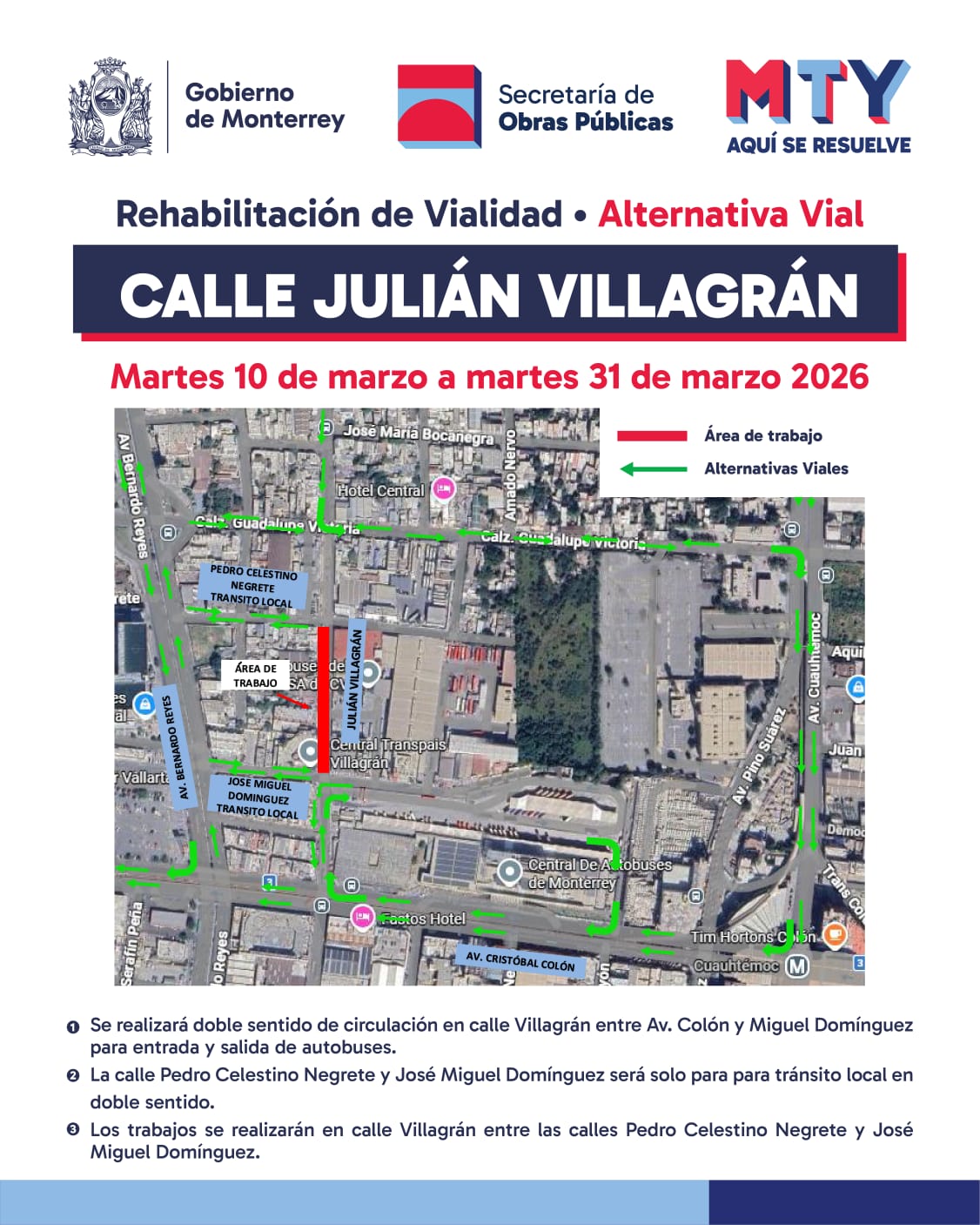 Implementarán circulación de doble sentido en un tramo de Villagrán
